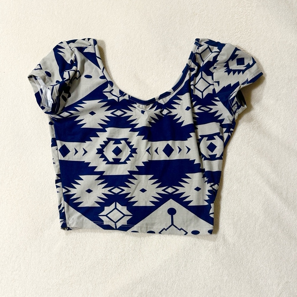 Blue and White Geometric Crop Top